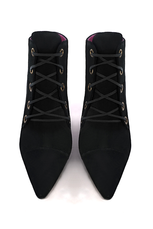 Matt black women's ankle boots with laces at the front. Tapered toe. High block heels. Top view - Florence KOOIJMAN